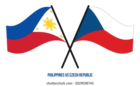 Banderas de Filipinas y la República Checa Cruzadas y ondeando estilo plano. Proporción oficial. Colores correctos.