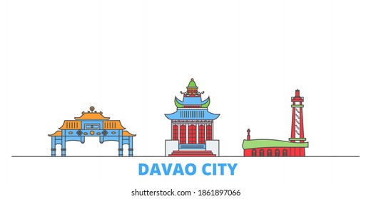 Philippines, Davao City Line Cityscape, Flat Vector. Travel City Landmark, Oultine Illustration, Line World Icons