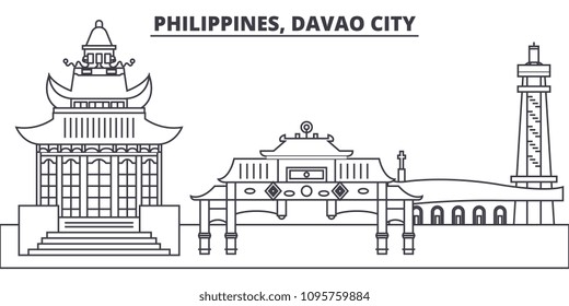 Philippines, Davao City line skyline vector illustration. Philippines, Davao City linear cityscape with famous landmarks, city sights, vector landscape. 