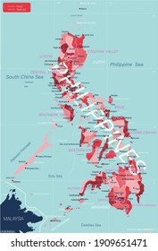 Filipinas detalló un mapa editable con las regiones ciudades y pueblos, carreteras y ferrocarriles, lugares geográficos. Archivo EPS-10 del vector