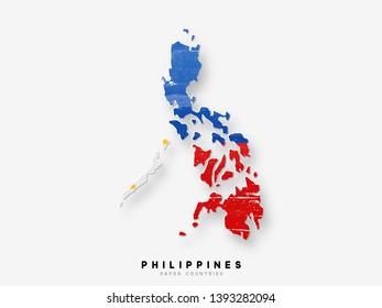 Philippines detailed map with flag of country. Painted in watercolor paint colors in the national flag.