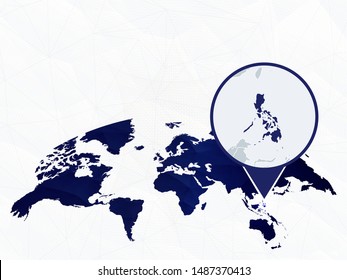 Philippines detailed map highlighted on blue rounded World Map.