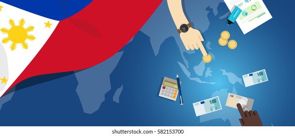 Philippines economy fiscal money trade concept illustration of financial banking budget with flag map and currency