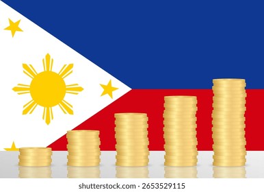 Economía de Filipinas. Bandera de las Filipinas con la pila de monedas. Concepto Financiero y de Inversión. Ilustración vectorial.  