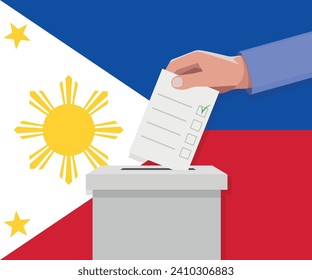 Philippines election concept. Hand puts vote bulletin into vote box.