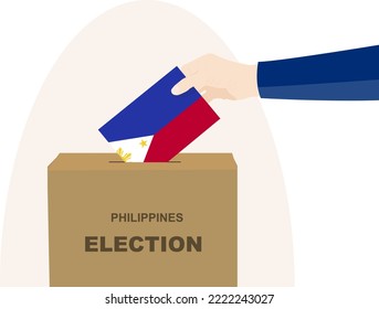 Philippines election and vote concept, political selection, man hand and ballot box, democracy and human rights idea, election day, vector asset with Philippines flag