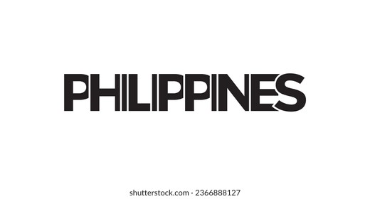 Philippinisches Emblem für Druck und Web. Das Design zeichnet sich durch geometrischen Stil, Vektorgrafik mit gewagter Typografie in moderner Schrift aus. Grafische Slogan-Schrift einzeln auf weißem Hintergrund.