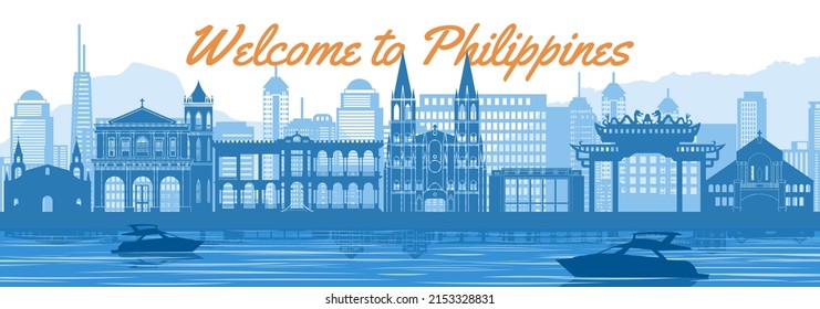 philippines famous landmark silhouette style behind river and boat and in front of towers,vector illustration