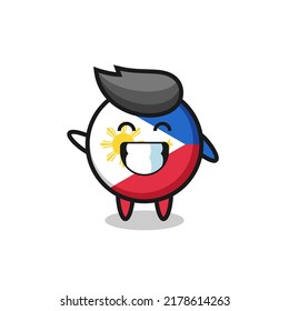 philippines flag badge cartoon character doing wave hand gesture , cute style design for t shirt, sticker, logo element