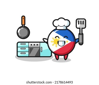 philippines flag badge character illustration as a chef is cooking , cute style design for t shirt, sticker, logo element