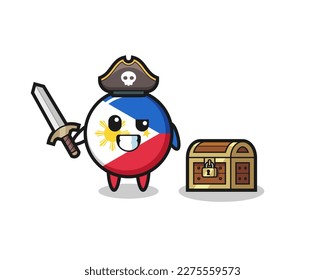 the philippines flag badge pirate character holding sword beside a treasure box , cute style design for t shirt, sticker, logo element