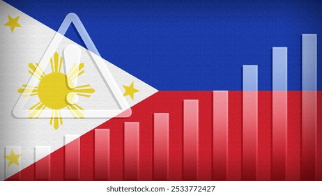 Philippines flag with burlap texture, warning sign, and rising bar chart symbolizing increasing risk or growth challenges in the country. Ideal for data presentations.