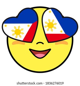 Philippines flag button. Patriotic smile in hearts glasses. Emoji icon isolated on white background.