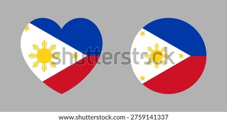 Philippines Flag circle, heart shaped icon, sticker set. Flag of Philippines heart, round badge, banner. National Philippine flag symbol, button, background.