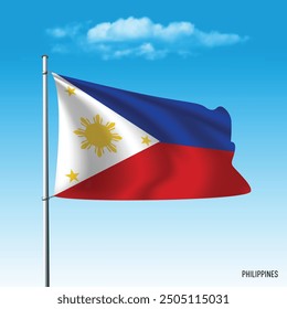 Philippines flag flying on blue sky, vector illustration.