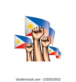 Philippines flag and hand on white background. Vector illustration