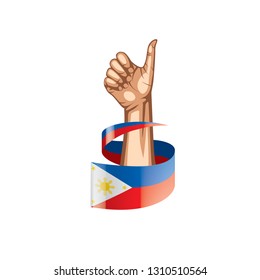Philippines flag and hand on white background. Vector illustration