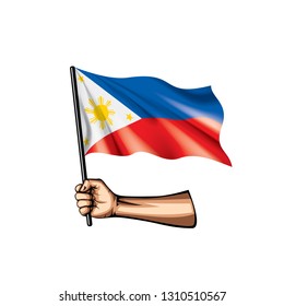 Philippines flag and hand on white background. Vector illustration
