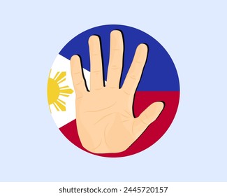 Bandera filipina con señal de stop en mano, protesta e idea de derechos humanos, diseño de Vector, protesta en Filipinas, restricción o emblema prohibido, violación de la libertad de expresión, detener la guerra