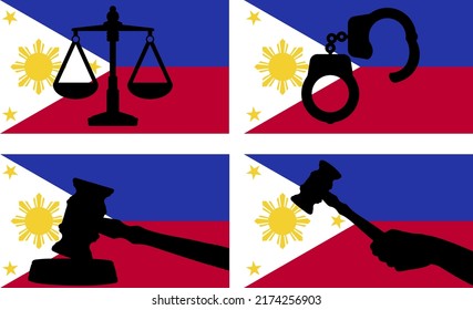 Bandera de Filipinas con silueta vectorial de la justicia, martillo de gavel del juez y escalas de justicia y silueta de esposas en la bandera del país, concepto de derecho de Filipinas, activo de diseño, idea de libertad