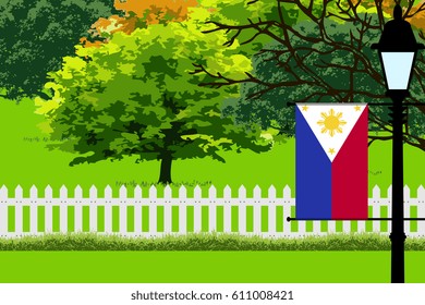Philippines Flag, Landscape of Park, Trees, Fence wooden and Street light Illustration 