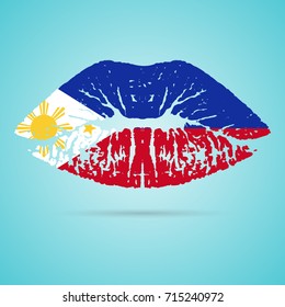 Philippines Flag Lipstick On The Lips Isolated On A White Background. Vector Illustration. Kiss Mark In Official Colors And Proportions. Independence Day