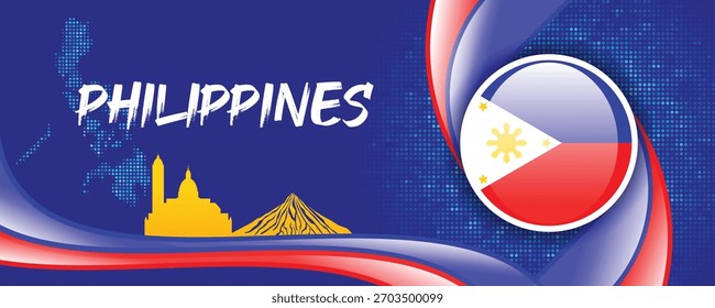Bandera de Filipinas con mapa y Lugares famosos famosos en azul, rojo y amarillo de fondo Abstractas