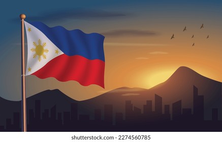 Philippines flag with mountains and morning sun in the background