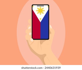 Philippines flag on mobile phone screen, holding smartphone, advertising social media or banner concept, Philippines flag showing on phone screen, technology news idea