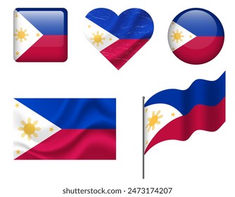 Philippines flag set of icons. Vector flag of Philippines, symbol. Set of Philippines flags button, waved, heart.