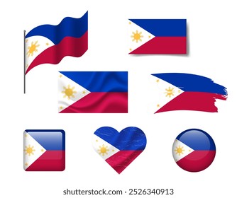 Philippines flag set of icons. Vector flag of Philippines, symbol. Set of Philippines flags button, brush, waved, heart.