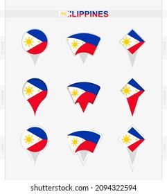 Philippinische Flagge, Set von Standort-Pin-Symbole der philippinischen Flagge. Vektorgrafik nationaler Symbole.