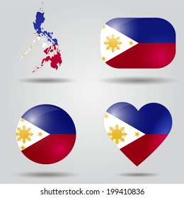 Philippines flag set in map, oval, circular and heart shape.