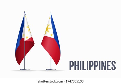 Símbolo del estado de la bandera filipina aislado en una bandera nacional de fondo. Tarjeta de saludo Día Nacional de la Independencia de la República de Filipinas. Cartel de ilustración con bandera de estado realista.