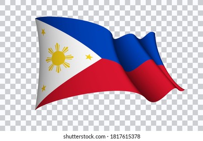 Símbolo del estado de la bandera filipina aislado en una bandera nacional de fondo. Tarjeta de saludo Día Nacional de la Independencia de la República de Filipinas. Cartel de ilustración con bandera de estado realista.