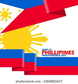 Philippines flag with its sun symbol, ribbon and bold text on a white background to commemorate Philippines Independence Day on June 12