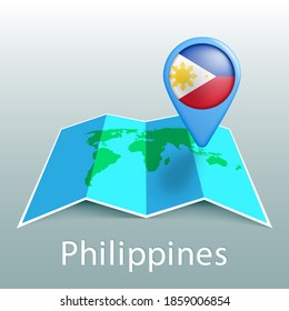 Mapa del mundo de la bandera de Filipinas en pin con el nombre del país