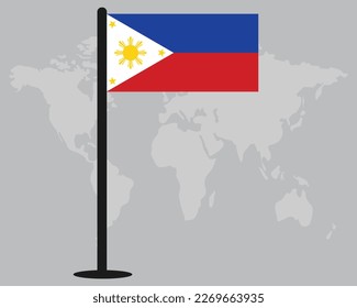 Philippines flag with world map silhouette in background vector design.