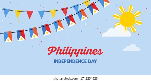 Philippines flags bunting waving on the blue sky background. banner for independence day. Background for greeting Card, Poster, Web Banner Design.
