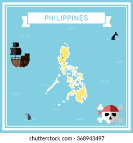 Philippines flat treasure map. Colorful cartoon treasure map of Philippines with flat icons of pirate ship, jolly roger, treasure chest and banner ribbon. Flat design vector illustration.