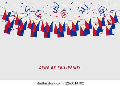 Philippines garland flag with confetti on gray background, Hang bunting for Philippines celebration template banner.