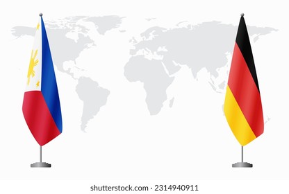 Philippines and Germany flags for official meeting against background of world map.