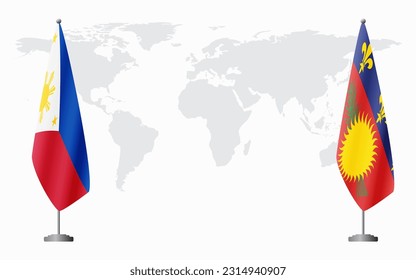 Philippines and Guadeloupe flags for official meeting against background of world map.