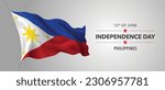 Philippines happy independence day greeting card, banner with template text vector illustration. Philippino memorial holiday 12th of June design element with 3D flag with stripes
