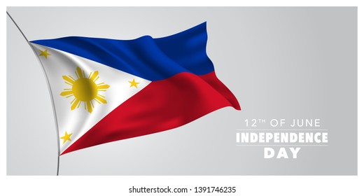 Philippines happy independence day greeting card, banner, horizontal vector illustration. Philippine holiday 12th of June design element with waving flag as a symbol of independence 