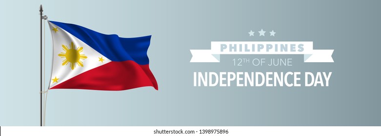 Philippines happy independence day greeting card, banner vector illustration. Philippino national holiday 12th of June design element with waving flag on flagpole 