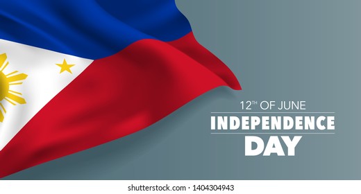 Philippines happy independence day greeting card, banner with template text vector illustration. Philippino memorial holiday 12th of June design element with stripes and sun 