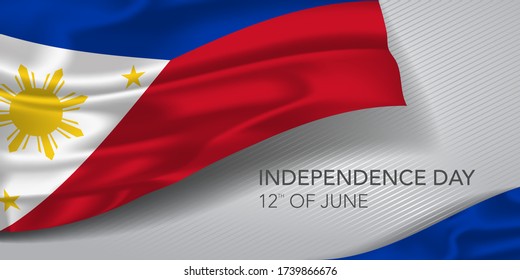 Philippines happy independence day greeting card, banner with template text vector illustration. Philippino memorial holiday 12th of June design element with realistic flag with stripes