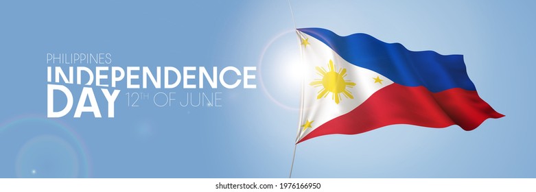 Philippines happy independence day greeting card, banner with template text vector illustration. Philippine memorial holiday 12th of June design element with 3D flag with sun