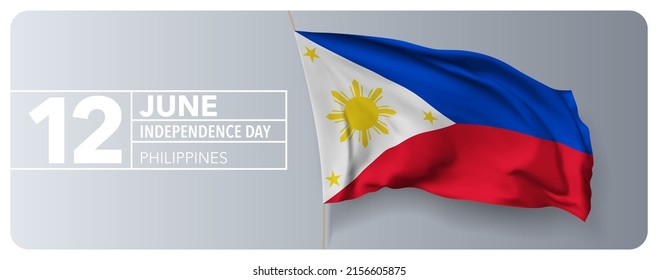 Philippines happy independence day greeting card, banner vector illustration. Philippino national holiday 12th of June design element with 3D waving flag on flagpole